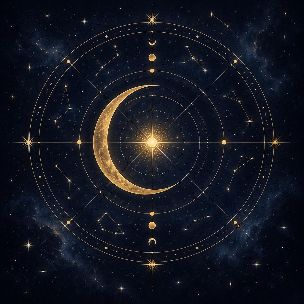 Golden crescent within an astrological chart among the stars